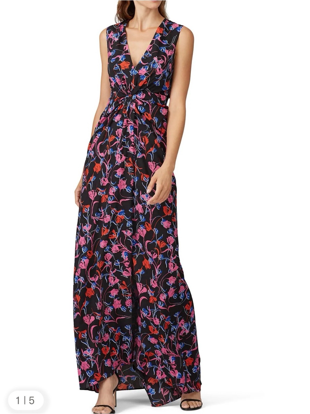 Thakoon Tulip Sleeveless Black Floral Maxi Dress with Pink & Red Print